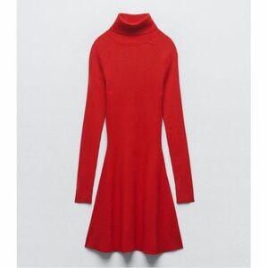 Zara Red Fit and Flare Long Sleeve Cocktail Dress